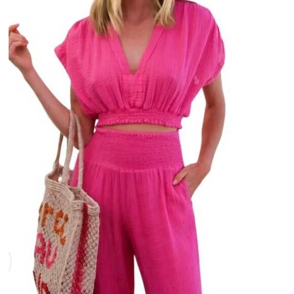 Felicite Vacay Gauze Cotton Smocked Waisted Crop Top Mamey Tangerine Orange Med - Picture 7 of 7